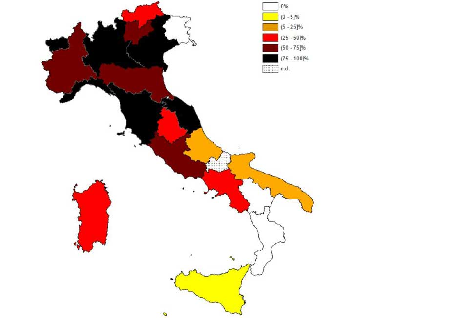 Percentuale di comuni che hanno approvato la classificazione acustica sul numero totale di comuni di ogni regione/provincia autonoma (aggiornamento dati al 31/12/2016)