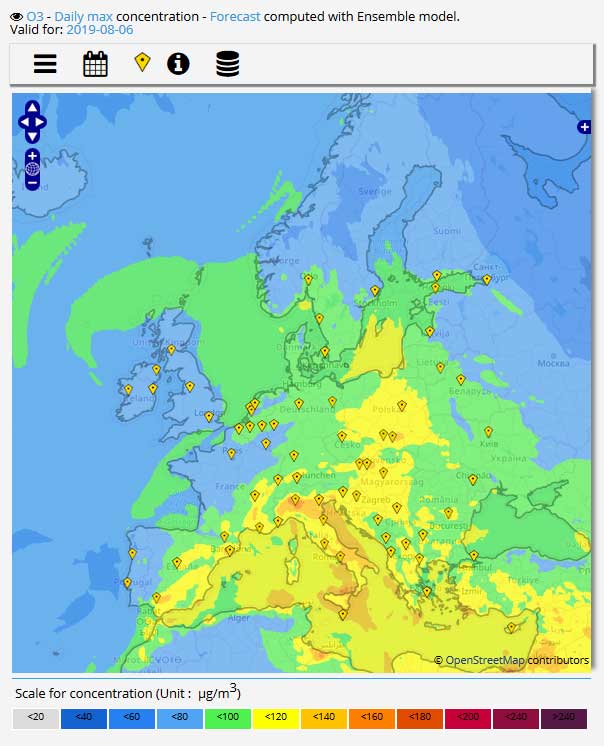 Previsioni ozono in Europa da Copernicus