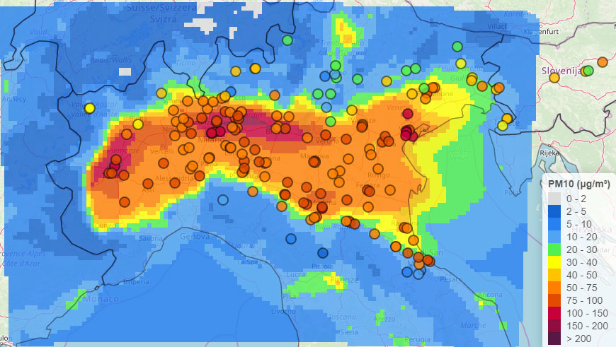 PM10 nel Bacino Padano il 14 gennaio 2020 