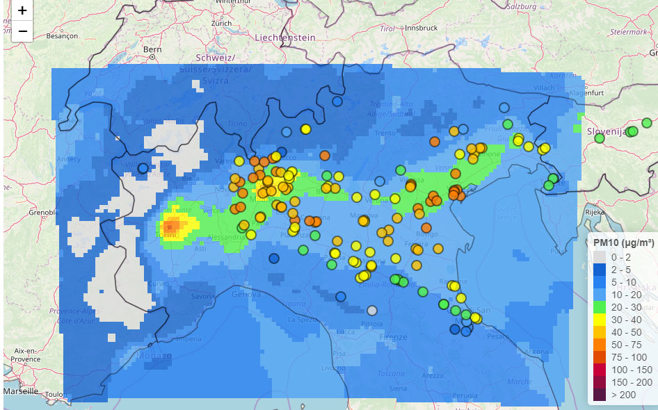 PM10 nel bacino padano il 18 gennaio 2020
