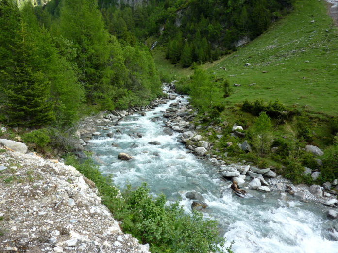 Torrente che scorre in valle; a destra e sinistra del torrente prati verdi ed alberi