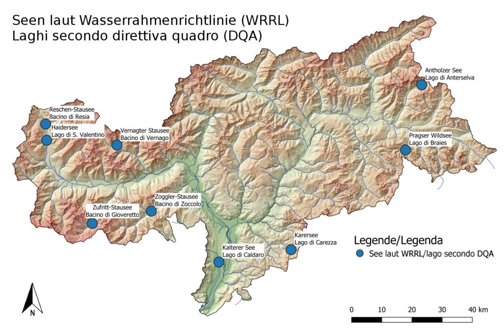 cartina dell'Alto Adige con indicati i punti dove si trovano i 9 grandi laghi altoatesini