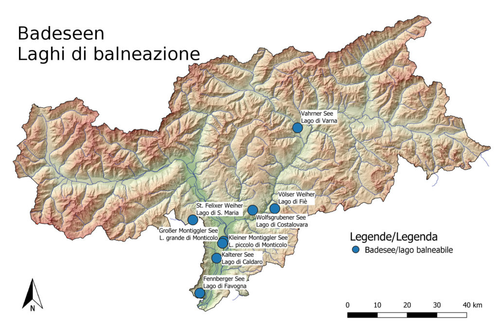 La mappa degli 8 laghi balneabili dell'Alto Adige (Fonte: Appa Bolzano)
