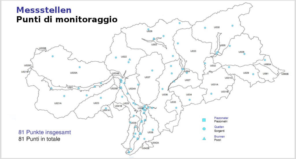 Cartina dell'Alto Adige in cui sono riportati gli 81 punti di monitoraggio delle acque sotterranee (Fonte: Appa Bolzano)