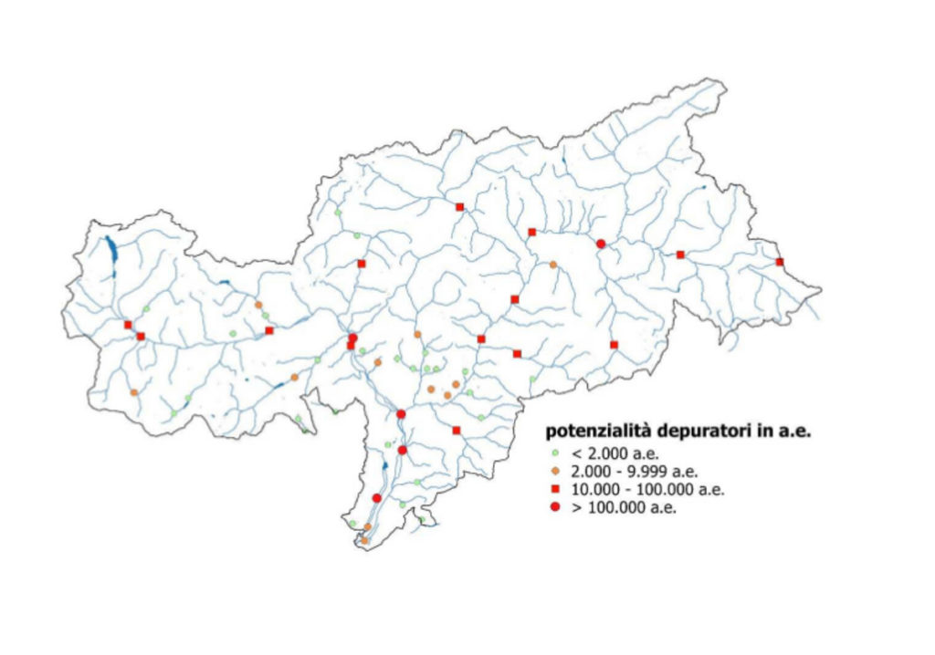 Cartina dell'Alto Adige con indicazione della posizione di tutti i 50 impianti di depurazione delle acque.
